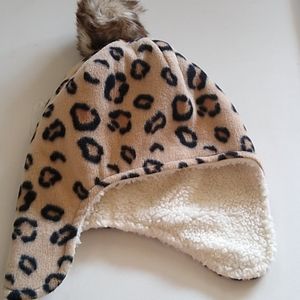 Leopard Print Pom Pom Beanie W/ Ear Flaps Size 4-7